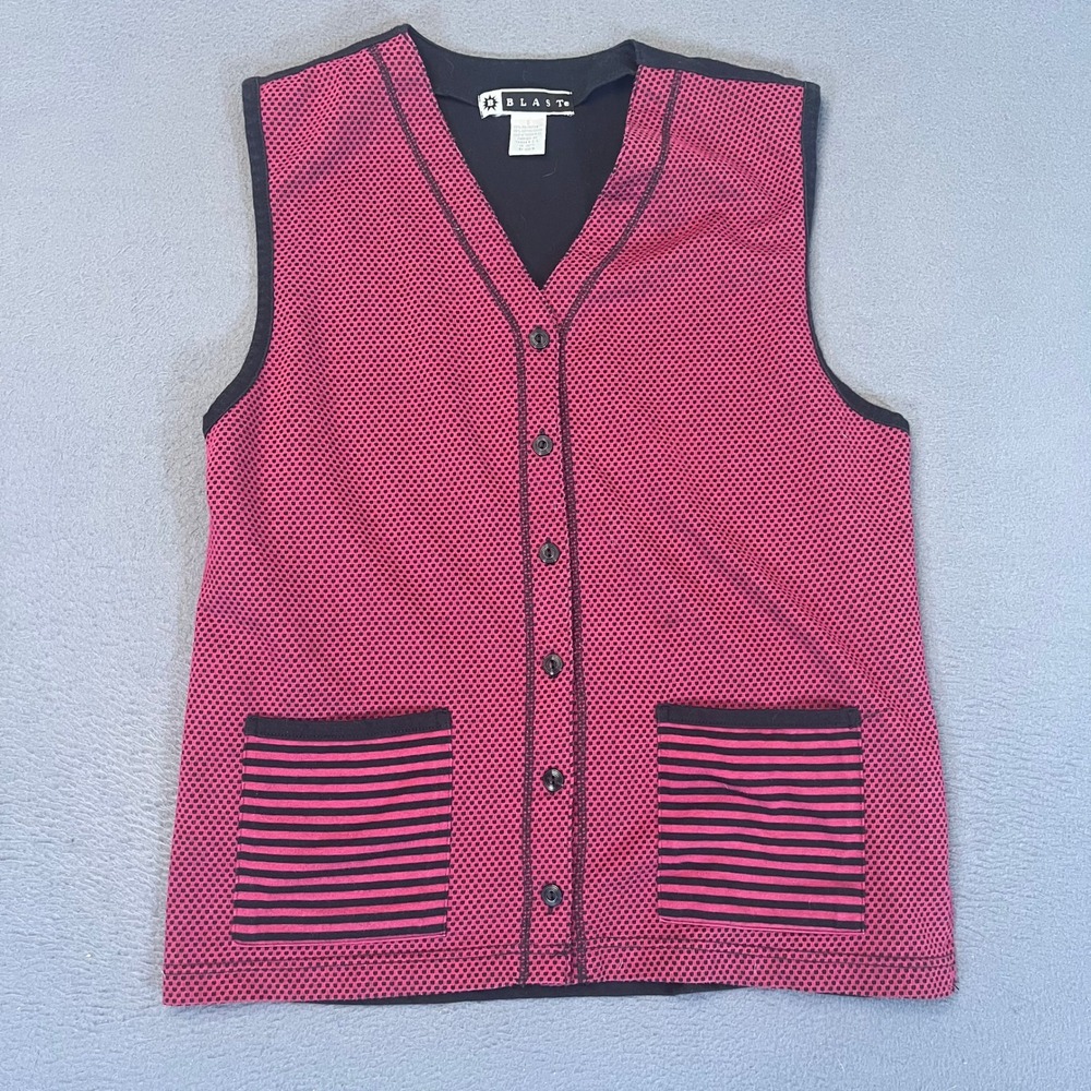 Blast Vintage Womens Small Pink Black Micro Dot Striped Pocket Button Front Vest